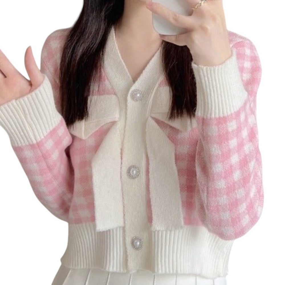 Check Ribbon V-Neck Knit light pink plaid  sweater Women's Size M cropped knit